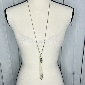 22” Tassel Necklace w Multi Strand Beaded Tassel White w Jewel Tones